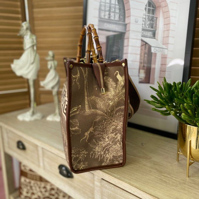 Sac chocolat Toile de Jouy Jungle crème Rive Gauche poignées bambou et bandoulière