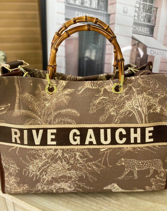 Sac chocolat Toile de Jouy Jungle crème Rive Gauche poignées bambou et bandoulière