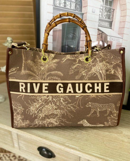 Sac chocolat Toile de Jouy Jungle crème Rive Gauche poignées bambou et bandoulière