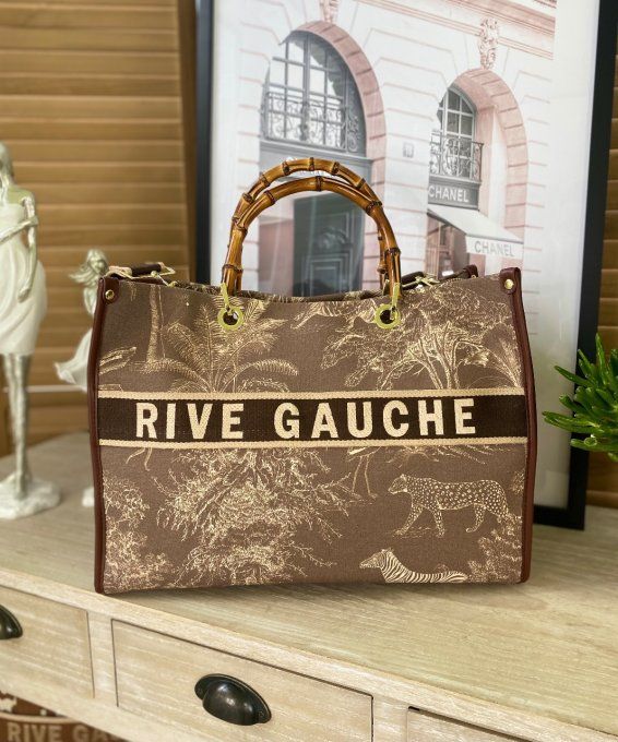 Sac chocolat Toile de Jouy Jungle crème Rive Gauche poignées bambou et bandoulière