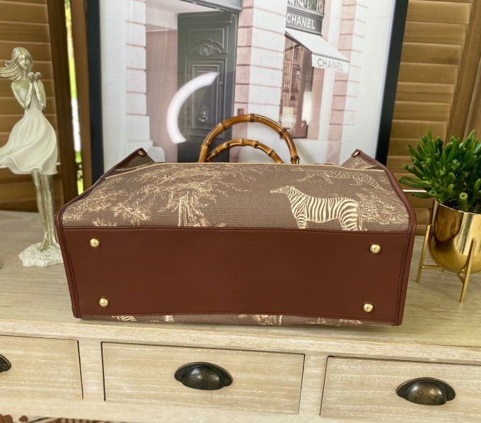 Sac chocolat Toile de Jouy Jungle crème Rive Gauche poignées bambou et bandoulière