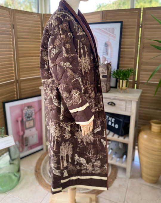 Manteau long matelassé satiné mat chocolat  Toile de Jouy Jungle du 38 au 48  