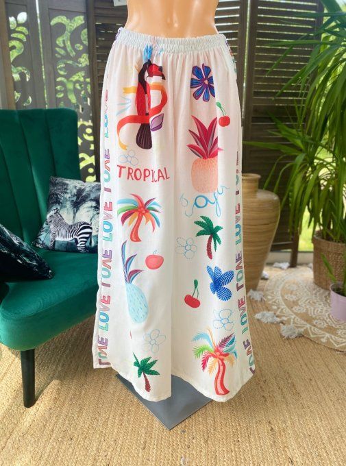 Pantalon Palazzo blanc Tropical Love Toucan fleurs exotiques du 42 au 50/52