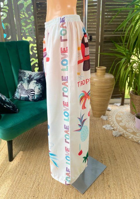 Pantalon Palazzo blanc Tropical Love Toucan fleurs exotiques du 42 au 50/52