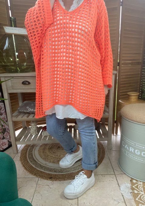 Pull asymétrique overisze sans laine maille filet orange douceur +++ du 42 au 54/56 