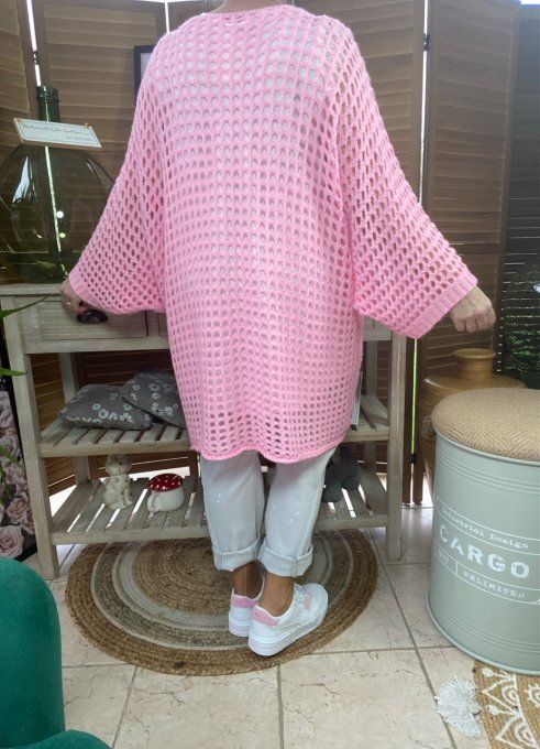 Pull asymétrique overisze sans laine maille filet rose layette douceur +++ du 42 au 54/56  