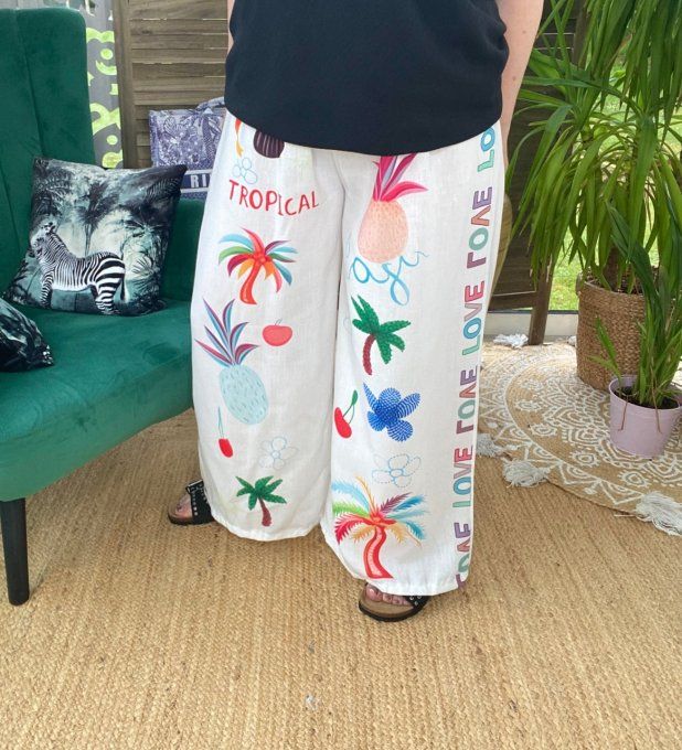 Pantalon Palazzo blanc Tropical Love Toucan fleurs exotiques du 42 au 50/52