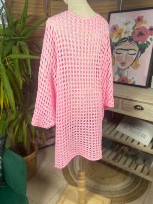 Pull asymétrique overisze sans laine maille filet rose layette douceur +++ du 42 au 54/56  