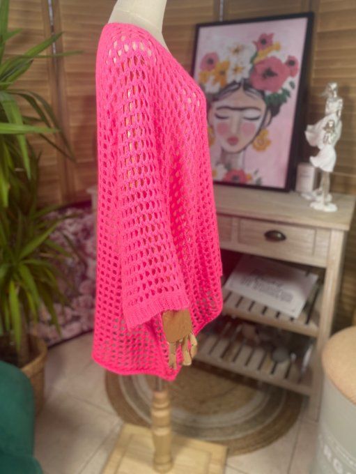 Pull asymétrique overisze sans laine maille filet Fuschia douceur +++ du 42 au 54/56 