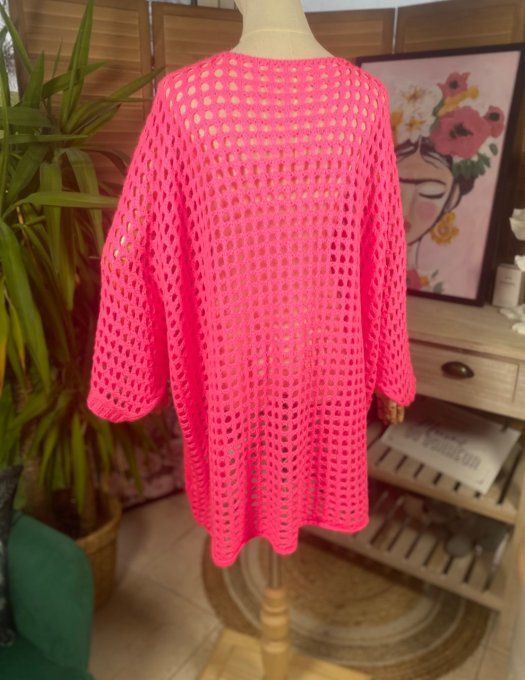 Pull asymétrique overisze sans laine maille filet Fuschia douceur +++ du 42 au 54/56 