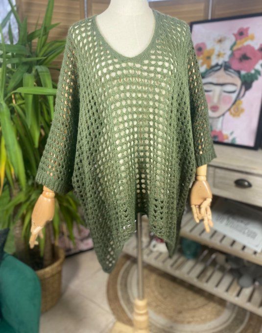 Pull asymétrique overisze sans laine maille filet kaki douceur +++ du 42 au 54/56 