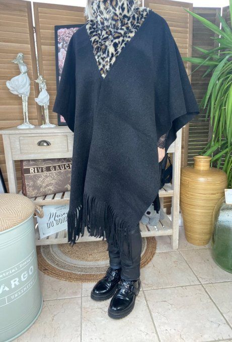 Poncho long noir oversize col montant zippé Léopard fausse fourrure du 38 au 52/54 et + 