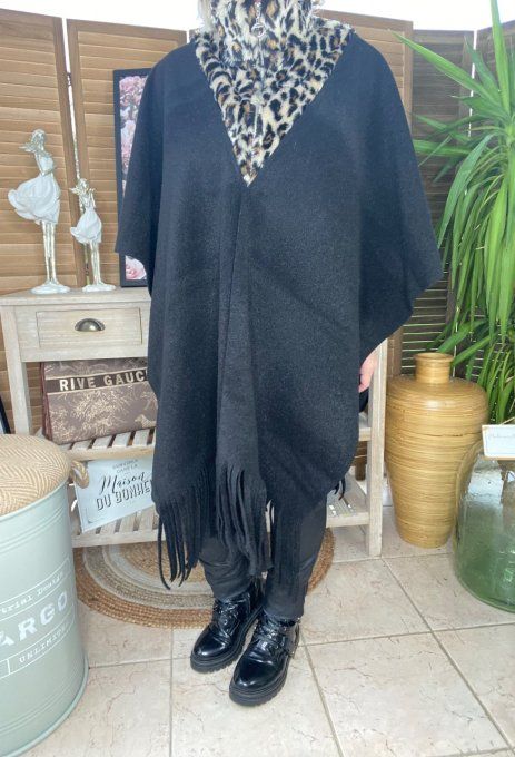 Poncho long noir oversize col montant zippé Léopard fausse fourrure du 38 au 52/54 et + 