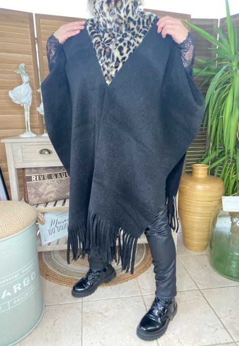 Poncho long noir oversize col montant zippé Léopard fausse fourrure du 38 au 52/54 et + 