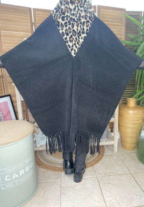 Poncho long noir oversize col montant zippé Léopard fausse fourrure du 38 au 52/54 et + 