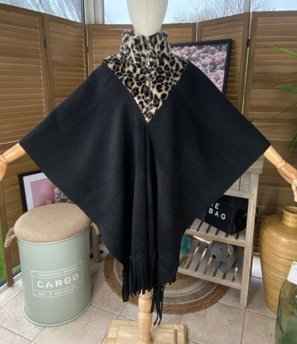 Poncho long noir oversize col montant zippé Léopard fausse fourrure du 38 au 52/54 et + 