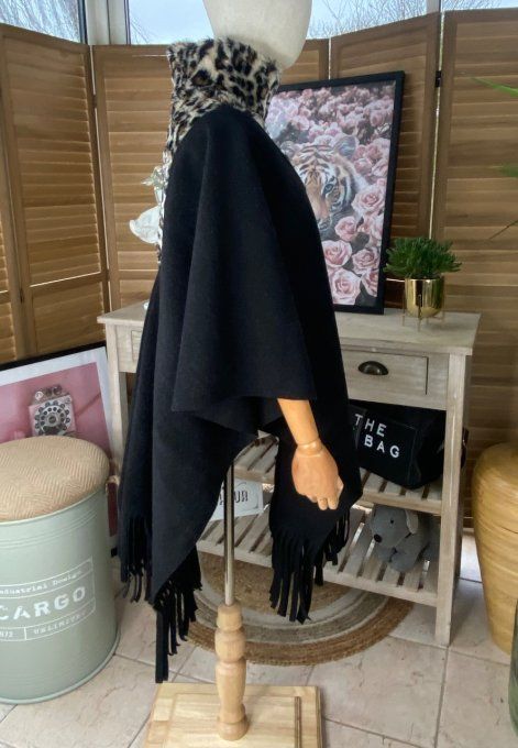 Poncho long noir oversize col montant zippé Léopard fausse fourrure du 38 au 52/54 et + 