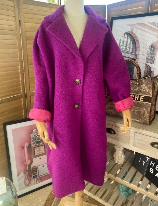 Manteau laine long oversize tout doublé Aubergine du 42 au 50/52