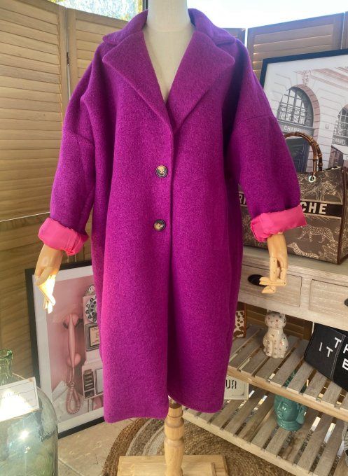 Manteau laine long oversize tout doublé Aubergine du 42 au 50/52