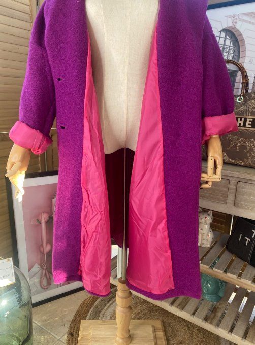 Manteau laine long oversize tout doublé Aubergine du 42 au 50/52