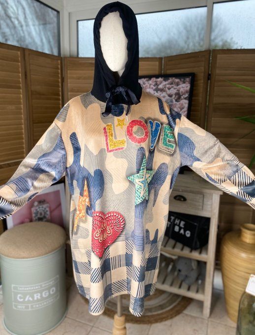 Robe sweat à capuche trapèze carreaux effet jeans Love du 40 au 50