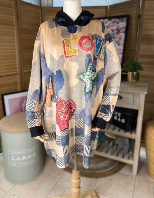 Robe sweat à capuche trapèze carreaux effet jeans Love du 40 au 50