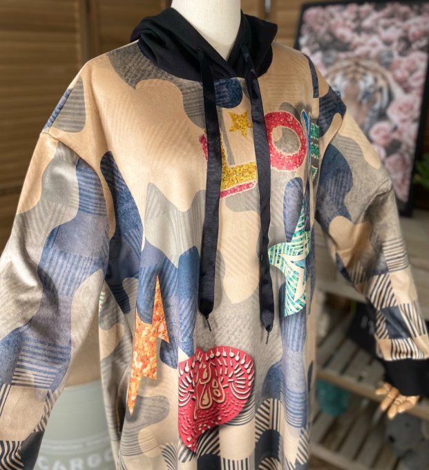 Robe sweat à capuche trapèze carreaux effet jeans Love du 40 au 50