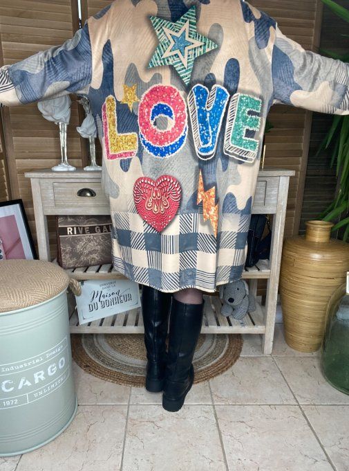 Robe sweat à capuche trapèze carreaux effet jeans Love du 40 au 50