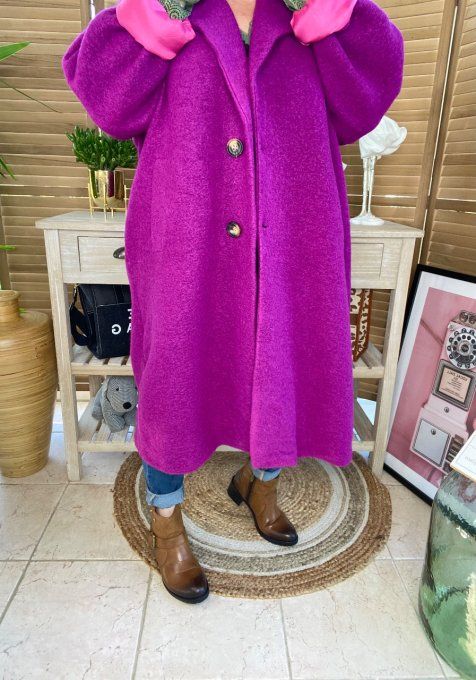 Manteau laine long oversize tout doublé Aubergine du 42 au 50/52