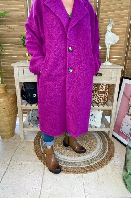 Manteau laine long oversize tout doublé Aubergine du 42 au 50/52