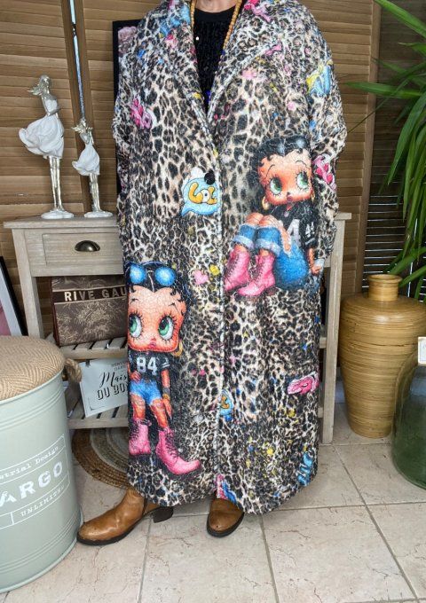 Manteau long oversize Sherpa Léopard noir Betty Boop du 40 au 50/52 et + 