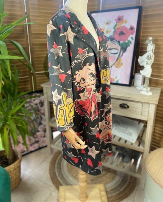 Veste longue suédine noire Betty. Boop. étoiles rouges du 36 au 46 et même + 