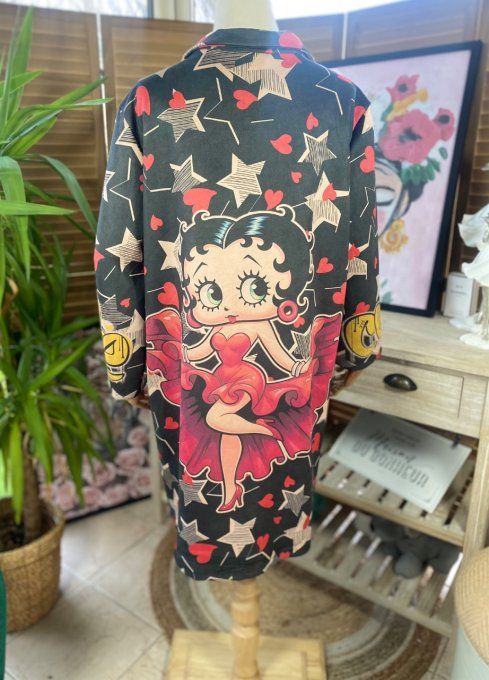 Veste longue suédine noire Betty. Boop. étoiles rouges du 36 au 46 et même + 