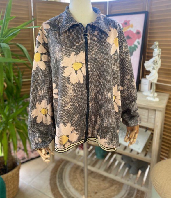 Blouson suédine effet jeans gris délavé Hippie Girl Flowers du 40 au 52 et même + 