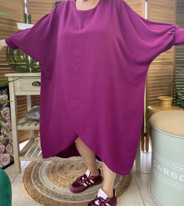 Robe mi-longue asymétrique croisée Aubergine manches amples du 42 au 52 