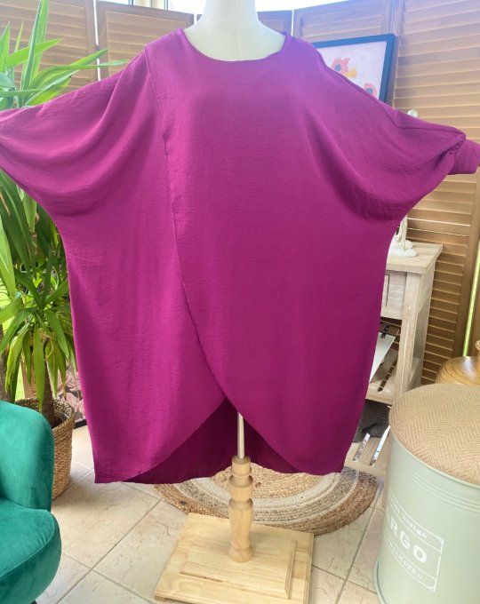 Robe mi-longue asymétrique croisée Aubergine manches amples du 42 au 52 