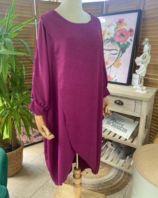 Robe mi-longue asymétrique croisée Aubergine manches amples du 42 au 52 