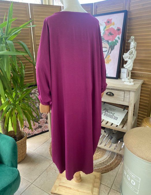 Robe mi-longue asymétrique croisée Aubergine manches amples du 42 au 52 