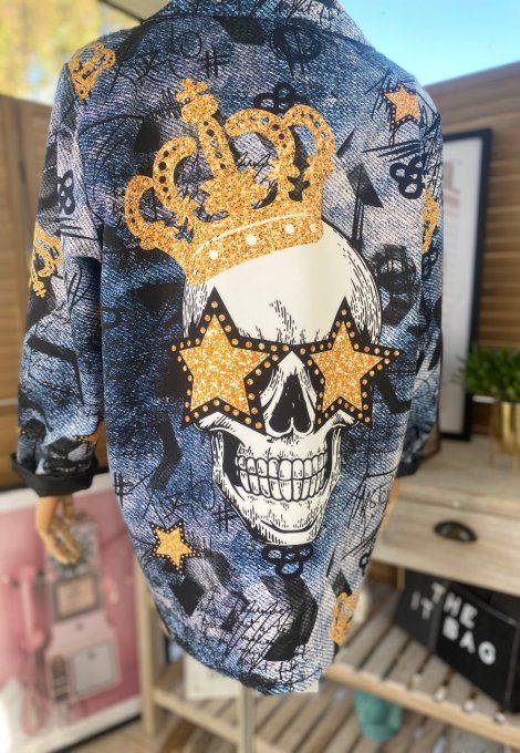 Veste blazer effet Jeans délavé brut Street Art Mexican Skulls Calavera du 38 au 46/48