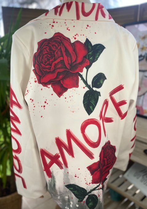 Veste blazer écrue Amore roses rouges du 38 au 46/48