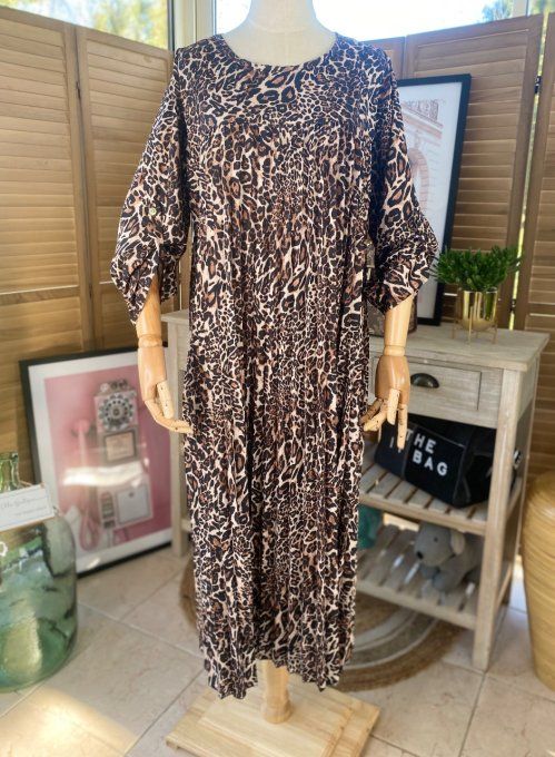 Robe ample plissée manches longues ajustables animal choco camel beige du 40 au 52