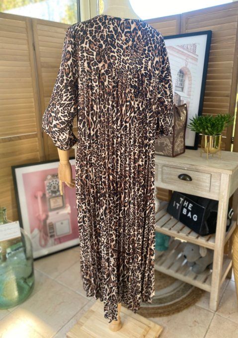 Robe ample plissée manches longues ajustables animal choco camel beige du 40 au 52