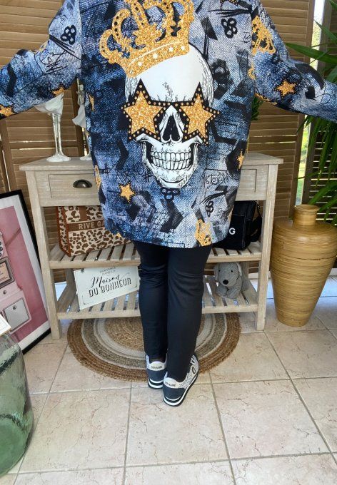 Veste blazer effet Jeans délavé brut Street Art Mexican Skulls Calavera du 38 au 46/48