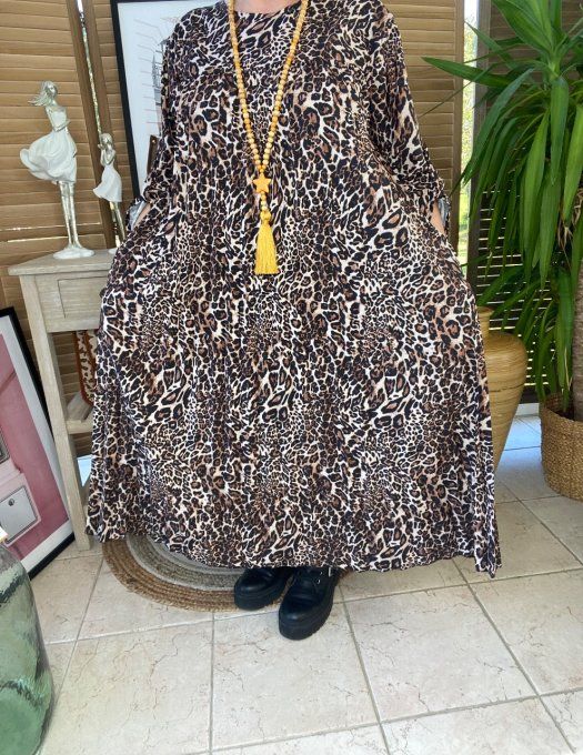 Robe ample plissée manches longues ajustables animal choco camel beige du 40 au 52