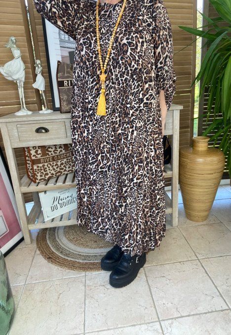 Robe ample plissée manches longues ajustables animal choco camel beige du 40 au 52