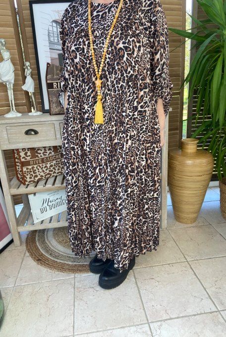 Robe ample plissée manches longues ajustables animal choco camel beige du 40 au 52