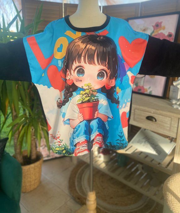 Sweat manches longues satiné et velours noir Manga Little Girl du 40 au 50 