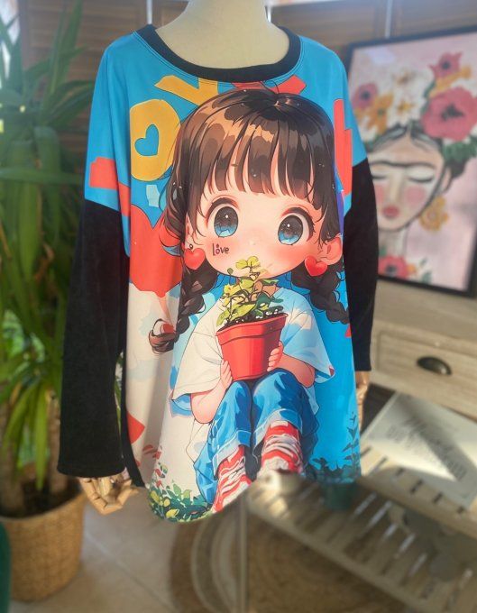 Sweat manches longues satiné et velours noir Manga Little Girl du 40 au 50 