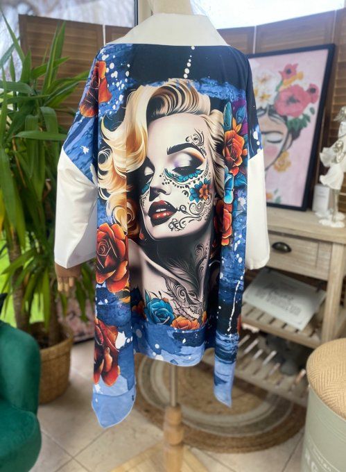 Tunique trapèze oversize bleu jeans foncé Marylin Monroe Tatto Girl du 42 au 54/56 