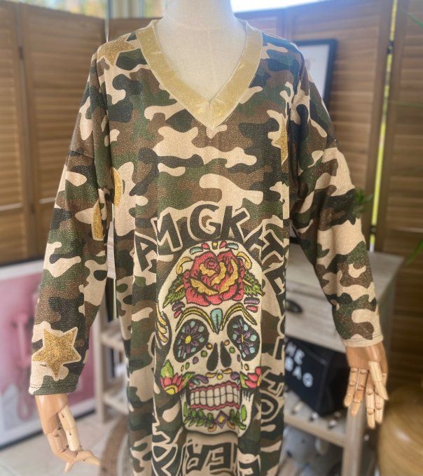 Robe longue camouflage pailleté doré or Mexican Skulls Calavera du 42 au 50